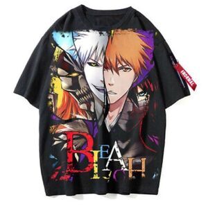 Cotton Black Anime BLEACH Kurosaki Short Sleeve Graphic Print Tee T-Shirt S